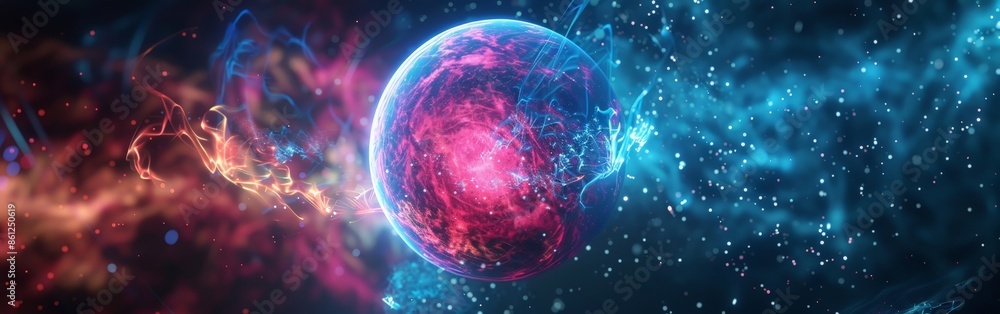 Fototapeta premium Neon Energy Sphere Surrounded by Dynamic Particles