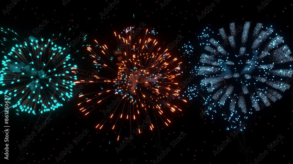 Fototapeta premium A vibrant display of fireworks against a dark, black background, illuminating the night sky with colorful bursts of light and sparkles