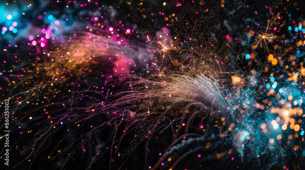 Fototapeta premium A vibrant display of fireworks against a dark, black background, illuminating the night sky with colorful bursts of light and sparkles