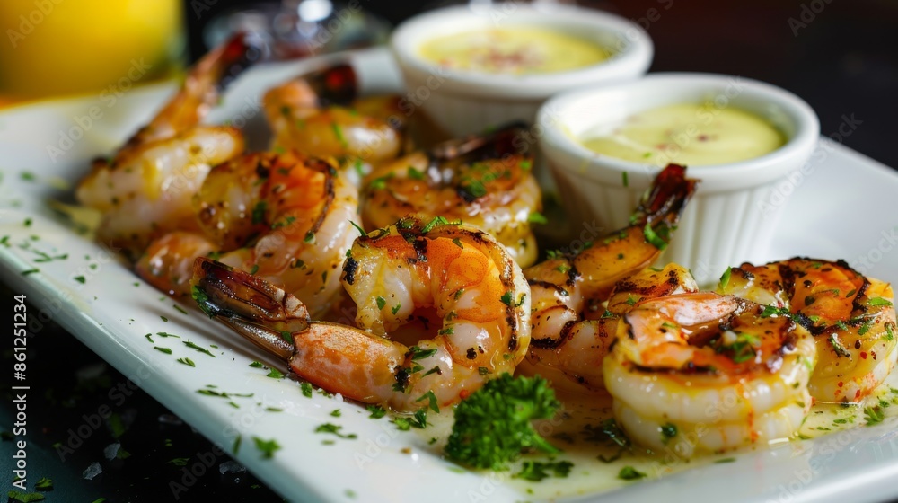 A seafood restaurant setting with a platter of grilled shrimp served with garlic butter sauce A seafood restaurant setting with a platter of grilled shrimp served with garlic butter sauce