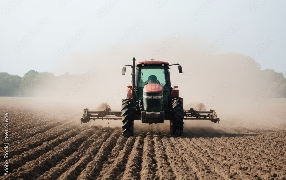 Obraz premium a tractor plowing a field in the middle of the day with dust coming out of it,