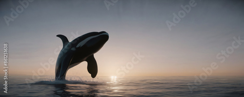 Orca whale with sunset. Extremely detaild and realistic high resolution illustration photo