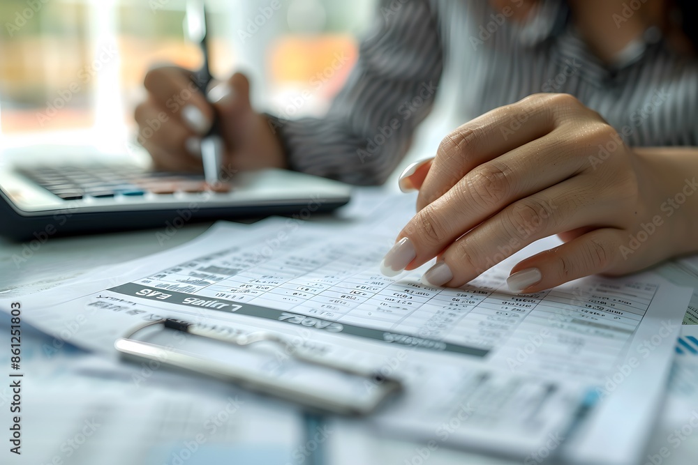 Person calculating on table with calculator and pen Person calculating on table with calculator and pen