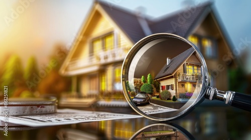 Checking and searching home with magnifying glass. Choice of house to buy and invest in. Concept of real estate inspection, appraisal, property, land valuation, house search