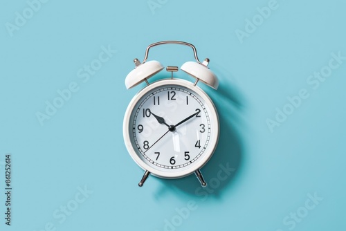 White alarm clock on blue background. Minimal styled, top view.