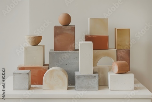 Multiple wooden blocks on a white tabletop