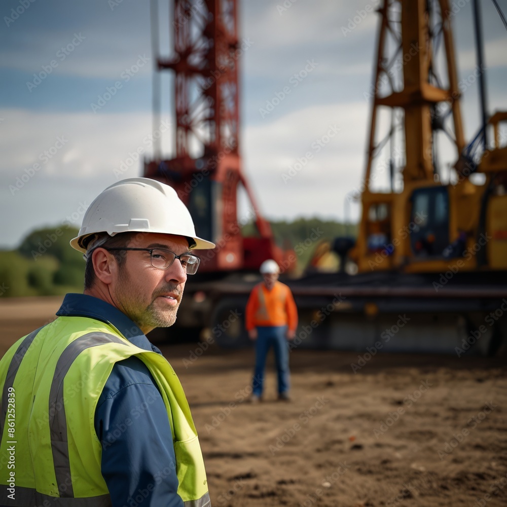 a man wearing a safety vest stands in front of a large yellow crane a man wearing a safety vest stands in front of a large yellow crane