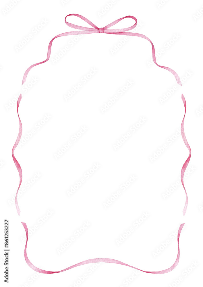 Pink ribbon bow frame, hand drawn watercolor illustration isolated on white background, template for greeting card or wedding invitation Pink ribbon bow frame, hand drawn watercolor illustration isolated on white background, template for greeting card or wedding invitation