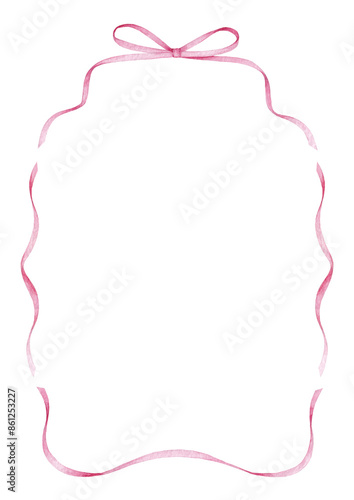 Pink ribbon bow frame, hand drawn watercolor illustration isolated on white background, template for greeting card or wedding invitation