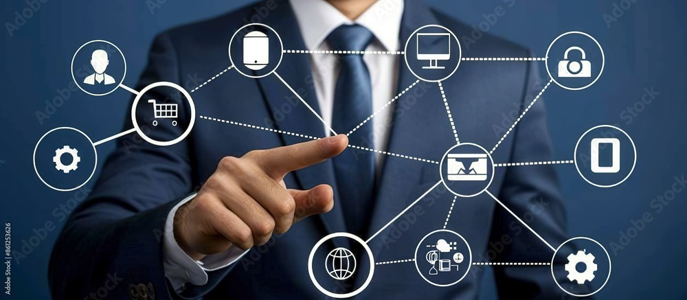Businessman Touching Digital Icons Representing Global Network Connections, Showcasing Technology Integration in Business, Ideal for Illustrating Corporate Communication and Digital Transformation Businessman Touching Digital Icons Representing Global Network Connections, Showcasing Technology Integration in Business, Ideal for Illustrating Corporate Communication and Digital Transformation
