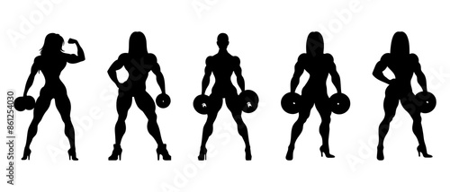 Female bodybuilder silhouette black filled vector Illustration icon. Women with dumbbell.