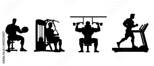 Male bodybuilder silhouette black filled vector Illustration icon. Man doing physical workout  with instruments.