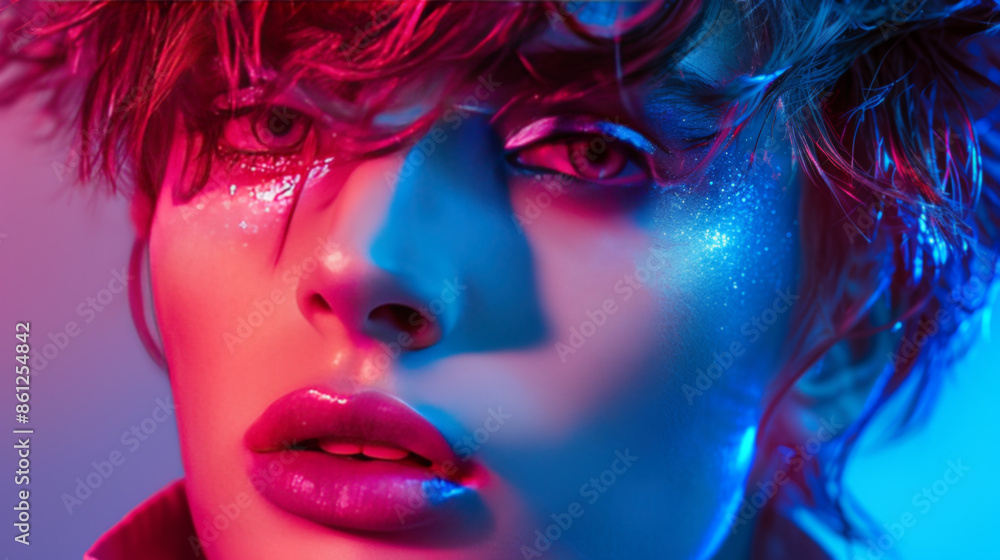Obraz premium Neon-lit Portrait of Fashion Model with Glitter Makeup