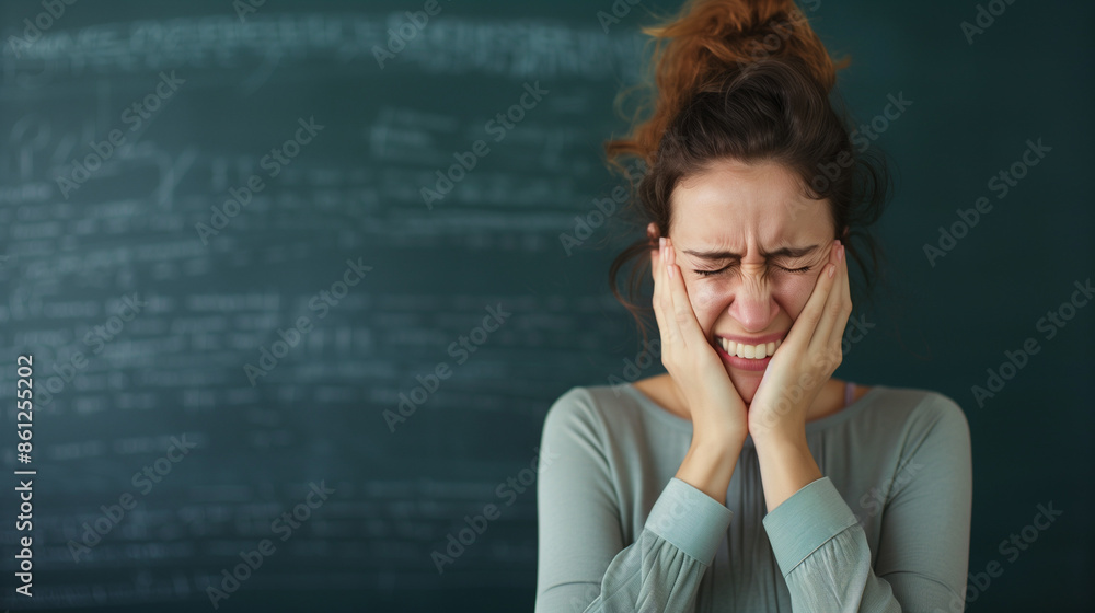 closeup of an office worker crying on the phone, tears streaming down their face, chalkboard background closeup of an office worker crying on the phone, tears streaming down their face, chalkboard background