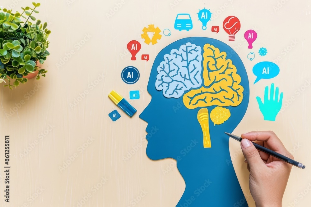 AI head silhouette with colorful gears and icons, representing artificial intelligence and innovation, creative illustration AI head silhouette with colorful gears and icons, representing artificial intelligence and innovation, creative illustration
