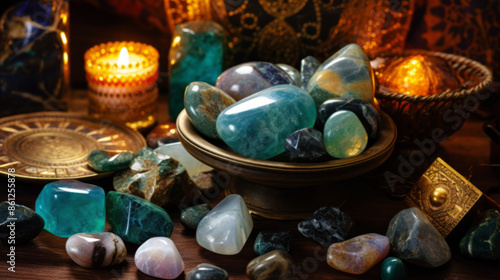 Mystical Gemstones with Tarot Cards and Candles © Natalia Klenova