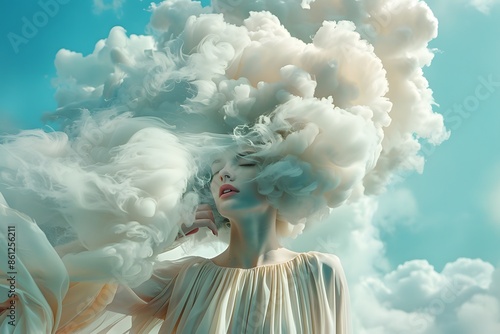 Mature woman, white hair, smoke cloud photo