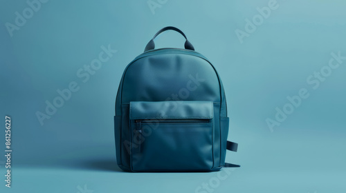 'minimalist school backpack with a sleek design and a single front pocket, isolated on a light blue background' 