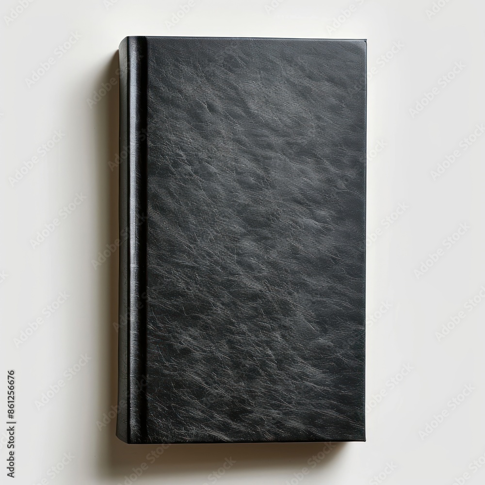 Fototapeta premium Blank black vertical book cover on white paper background.