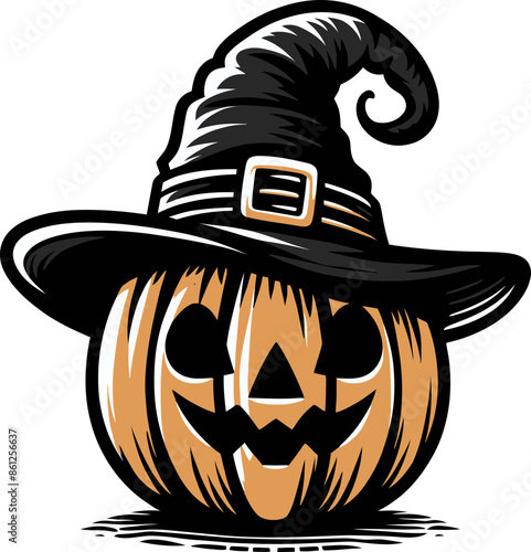 Halloween pumpkin in witch hat vector illustration in vintage style