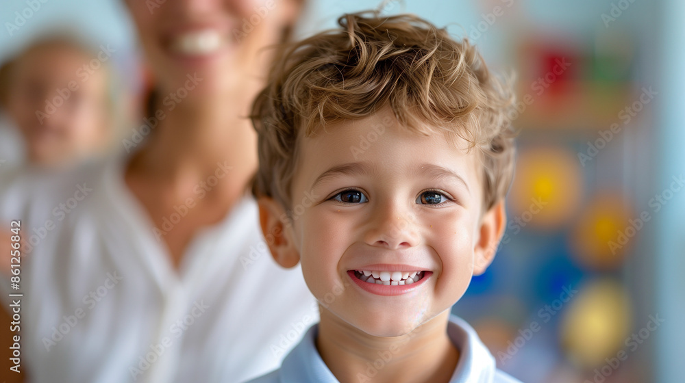 'parent attending a school event with a child, both smiling, decorated school hall in the background' 'parent attending a school event with a child, both smiling, decorated school hall in the background'