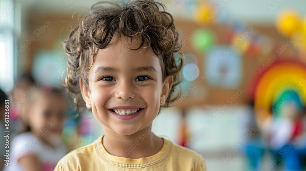 'parent attending a school event with a child, both smiling, decorated school hall in the background' 'parent attending a school event with a child, both smiling, decorated school hall in the background'