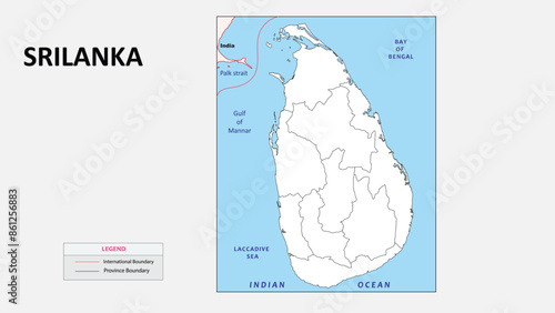 Sri Lanka Map. Political map of Sri Lanka with state border in outline. Political map of Sri Lanka with outline and neighbouring countries.