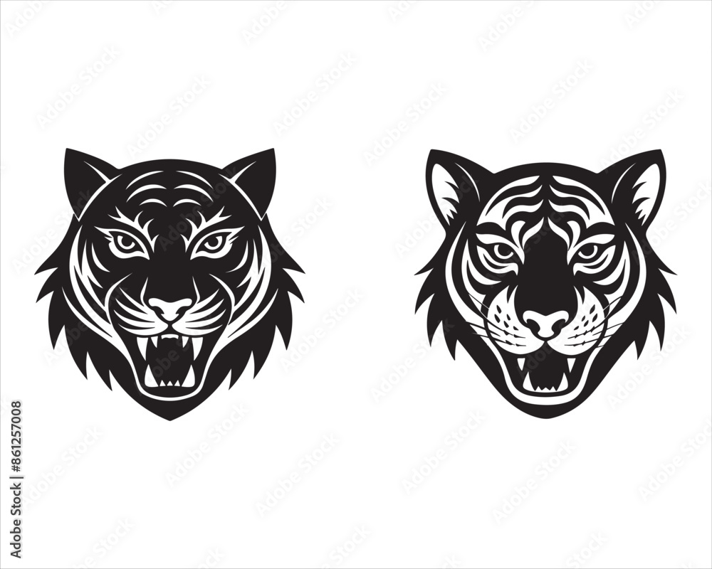 A tiger face in a black and white pattern - created with Generative AI technology A tiger face in a black and white pattern - created with Generative AI technology