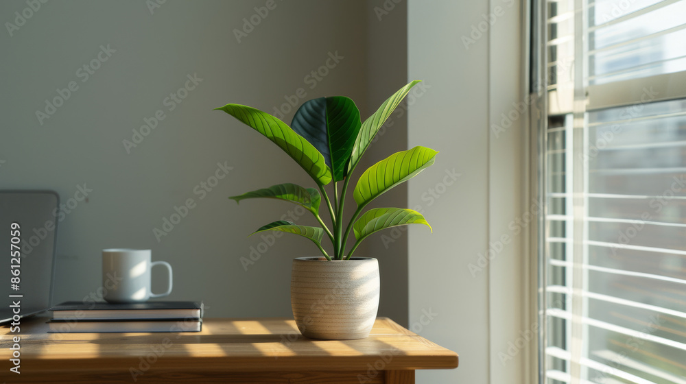 'quiet study area with a large window, natural light, desk with a plant, and open textbooks' 'quiet study area with a large window, natural light, desk with a plant, and open textbooks'
