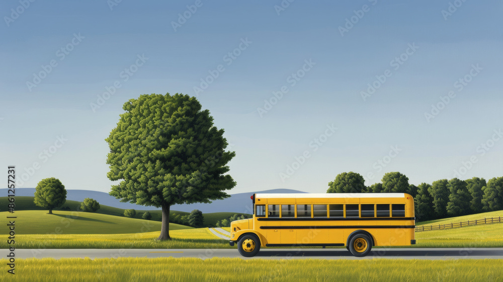 Obraz premium 'school bus on a rural road, passing by fields and trees, early morning light' 