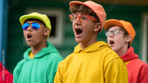 'school scouts performing a skit or play, colorful costumes and a simple stage setup' 