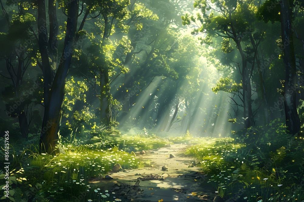 Fototapeta premium Forest path with sunlight filtering through trees