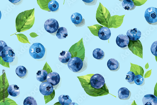 Juicy Blueberries and Green Leaves Seamless Pattern on Light Blue Background, Flat Style Vector