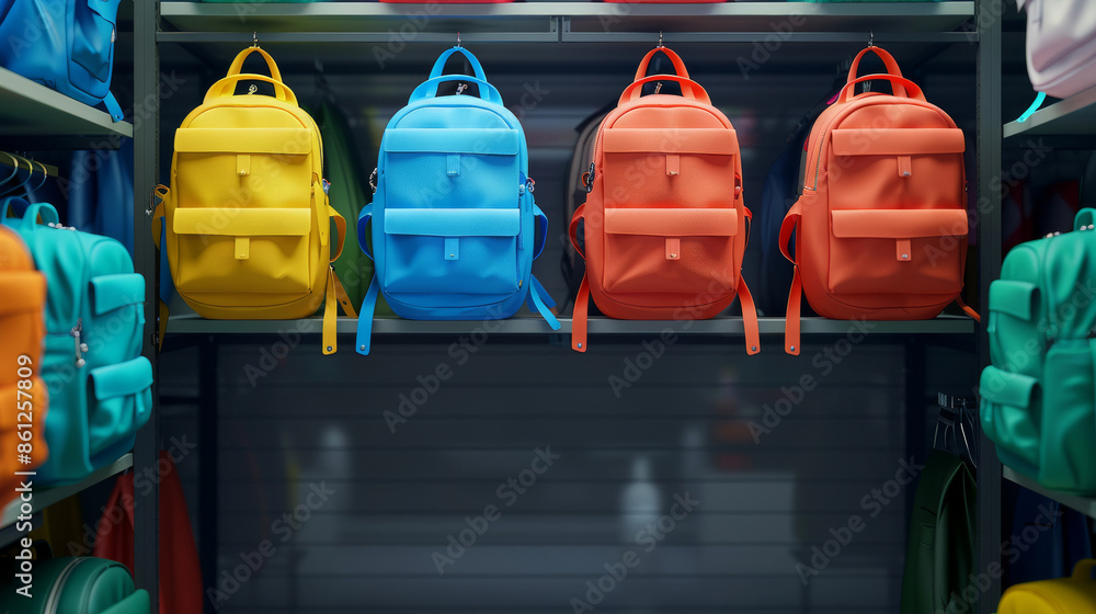 'store aisle with a variety of backpacks hanging, from simple to character-themed designs' 'store aisle with a variety of backpacks hanging, from simple to character-themed designs'