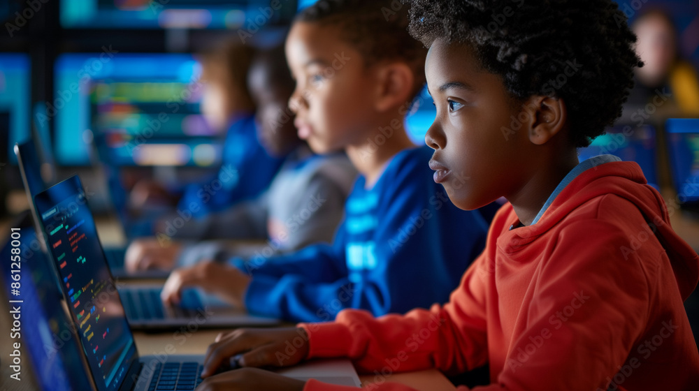 'students in a computer science class coding on laptops, teacher providing guidance' 'students in a computer science class coding on laptops, teacher providing guidance'