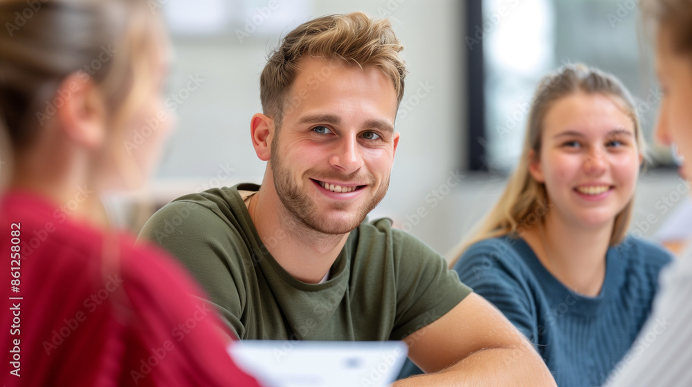 'students in a language class practicing conversational skills, teacher engaging with each student' 'students in a language class practicing conversational skills, teacher engaging with each student'