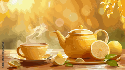 Refreshing Teapot and Cup Set with Hot Lemon Tea on Bright Background