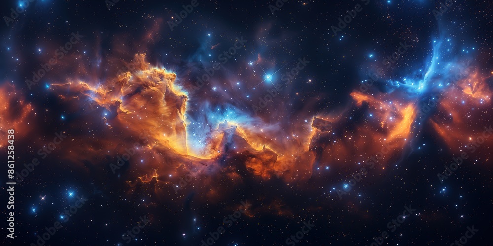 Fototapeta premium Depicting a vibrant cosmic scene, this image showcases a nebula with an interstellar cloud of dust, hydrogen