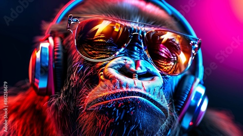 a fictional gorilla in sunglasses and headphones listens to music with pleasure