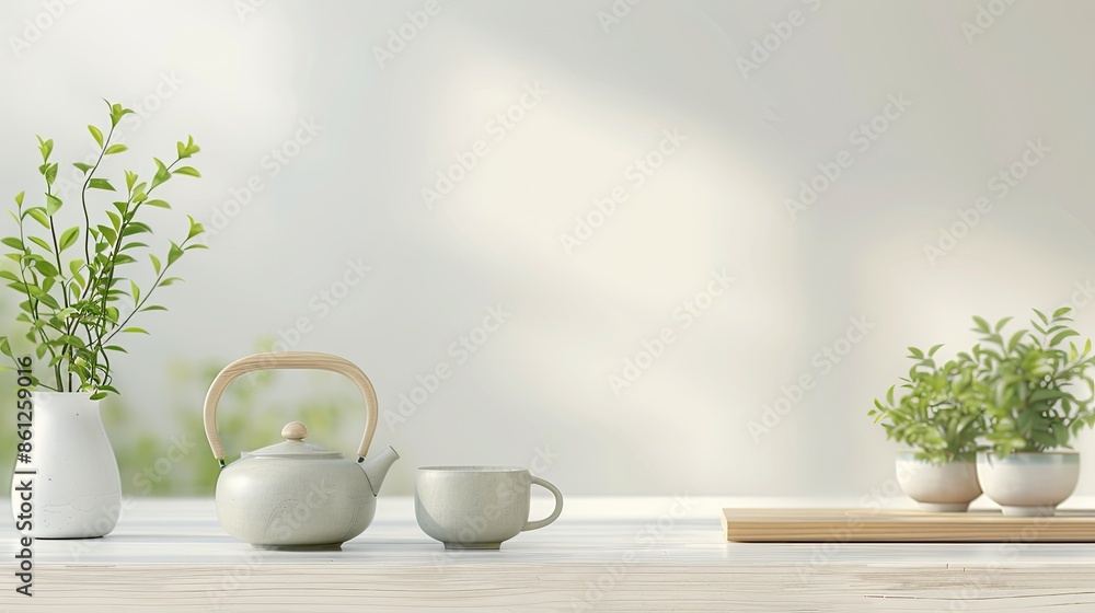 A white teapot and cup on a wooden table with a window in the background A white teapot and cup on a wooden table with a window in the background