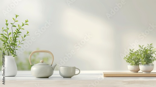 Wallpaper Mural A white teapot and cup on a wooden table with a window in the background Torontodigital.ca