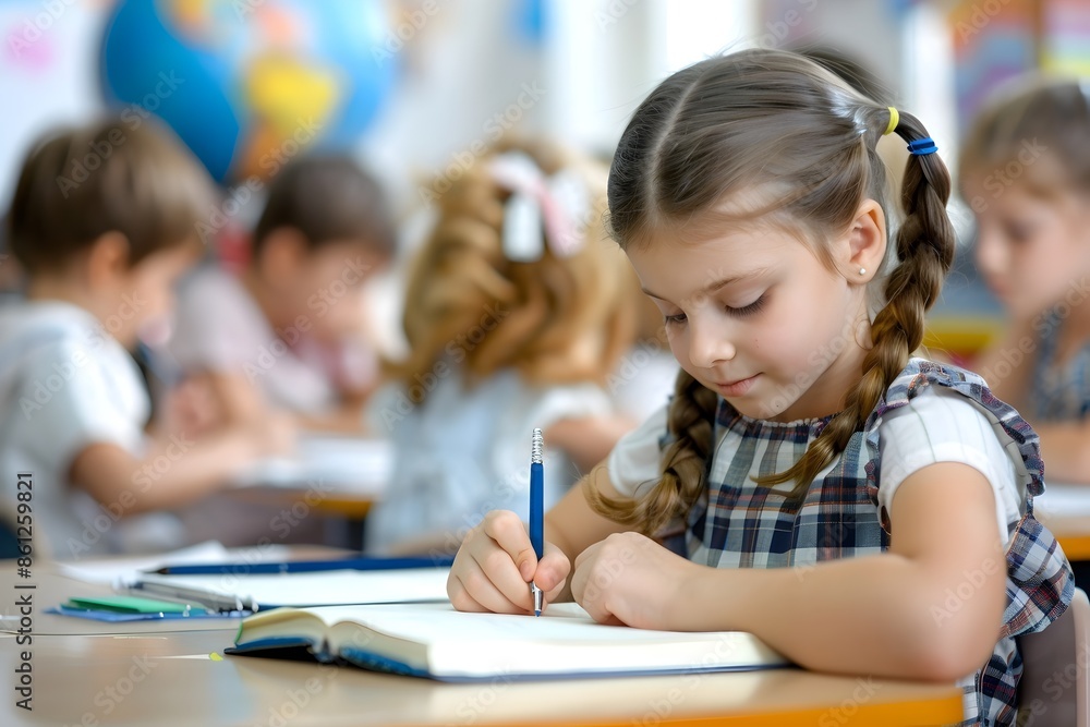 Focused and Diligent Girl Student Writing Intently in Classroom with Engaged Classmates Focused and Diligent Girl Student Writing Intently in Classroom with Engaged Classmates