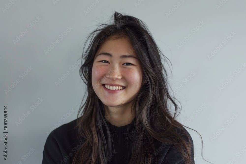 Portrait of a glad asian woman in her 20s smiling at the camera in plain cyclorama studio wall Portrait of a glad asian woman in her 20s smiling at the camera in plain cyclorama studio wall