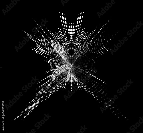 Perforated halftone polka dot mandala with thickened center. Right part for copying text. Transparent base. Vector.