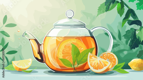 Refreshing Teapot and Cup Set with Hot Lemon Tea on Bright Background