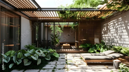 Modern Styled Villa Courtyard with Sunlit Shaded Relaxation Retreat and Lush Greenery © TEN.POD