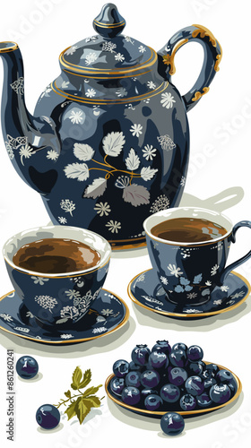 Elegant Teapot and Cup Set with Black and Blueberry Infused Hot Tea