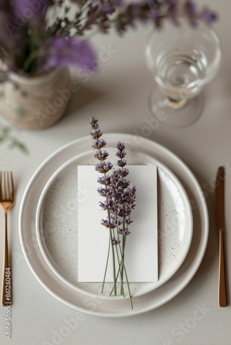 Menu card mockup with a lavender on a plate, 4x9 ratio. photo