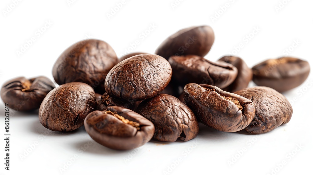 Coffea arabica beans, close-up shot, isolated on white, showing natural imperfections Coffea arabica beans, close-up shot, isolated on white, showing natural imperfections