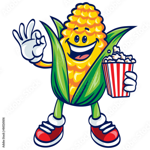 Corn Cartoon Popcorn Okay Hand Sign Illustration Vector